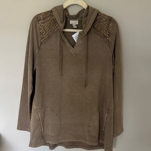 LOGO Life by Lori Goldstein Cinder Brown Hooded Terry Sweatshirt Top Medium NWT